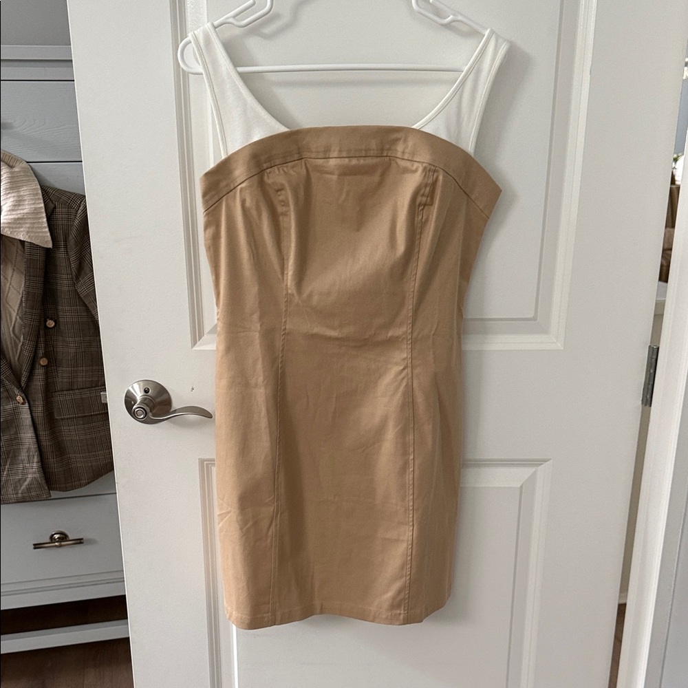 Maeve Tan and White Mini Dress